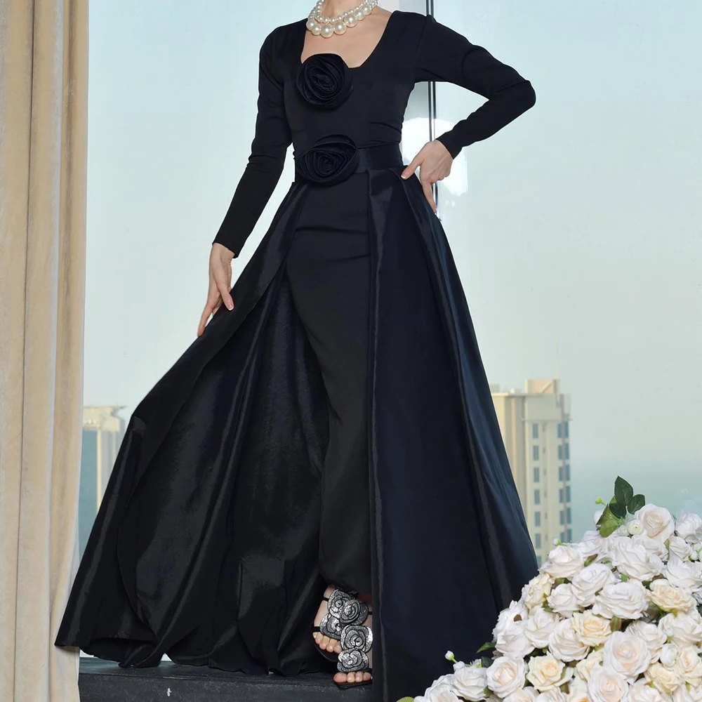 

Customized Jersey Straight Flowers Evening Dress Square Neck Floor Length Long Sleeves Panel Train Black Fashion Party Gowns