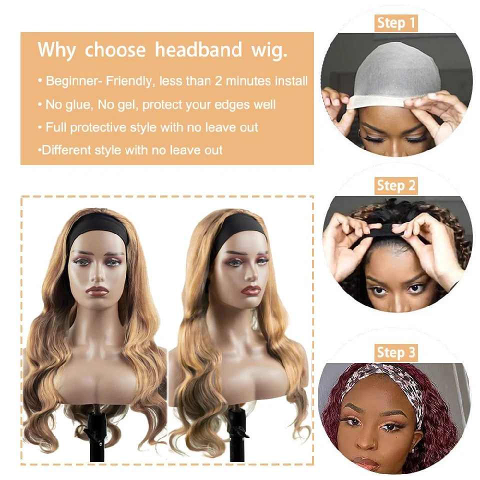 Blonde Hoofdband Pruik Menselijk Haar Body Wave #27 Honingblonde Hoofdband Pruiken Glueless Machine Gemaakt Braziliaans Maagdelijk Haar Voor Vrouwen