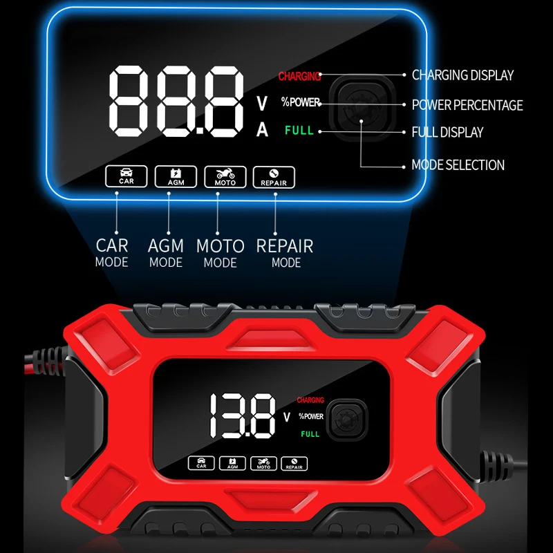 Carregador de bateria inteligente EAFC, tela grande, 12V, carga automática completa do reparo do carro para o carro e a motocicleta
