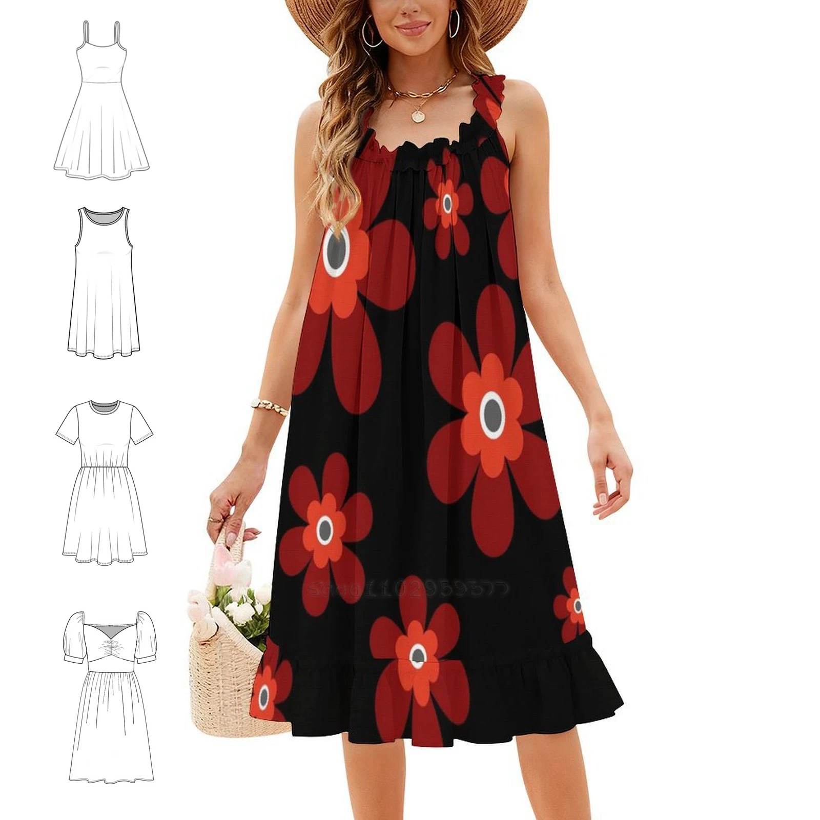 Cute Retro 70S Colorful Autumn Flower Power Bright Red Korean Style Casual Dress For Women Simple Daily Office Lady Dresses