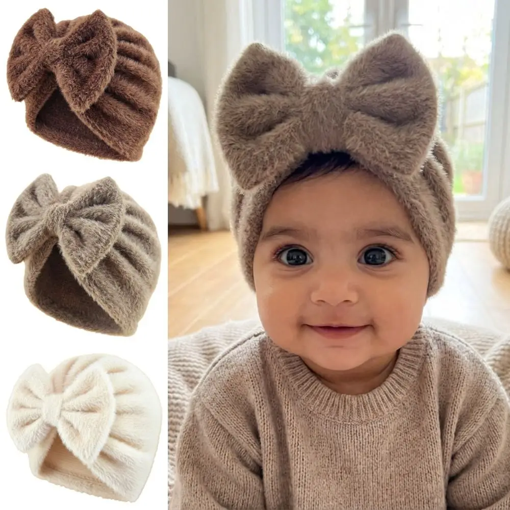 

Fashion Teddy Fleece Bow Knitted Hat Breathable Solid Color Headscarf Hat Warm Soft Newborn Autumn Winter Cap Girls Boys