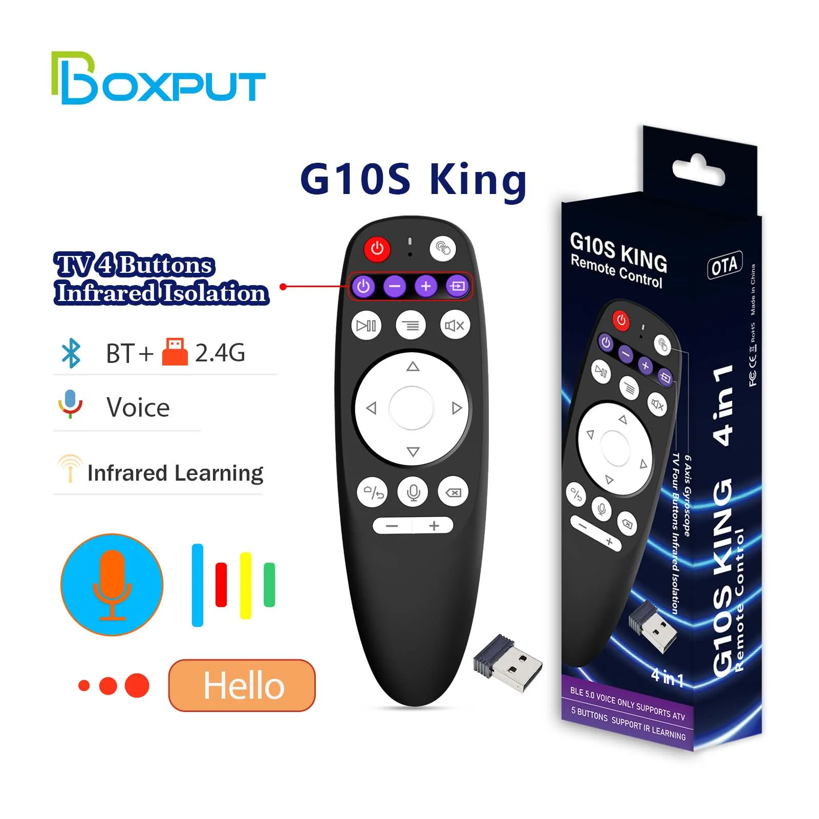 BOXPUT G10S King BT Voice Remote Control 2.4G Mini Wireless Air Mouse with Gyroscope IR Learning for Smart Android TV/TV Box