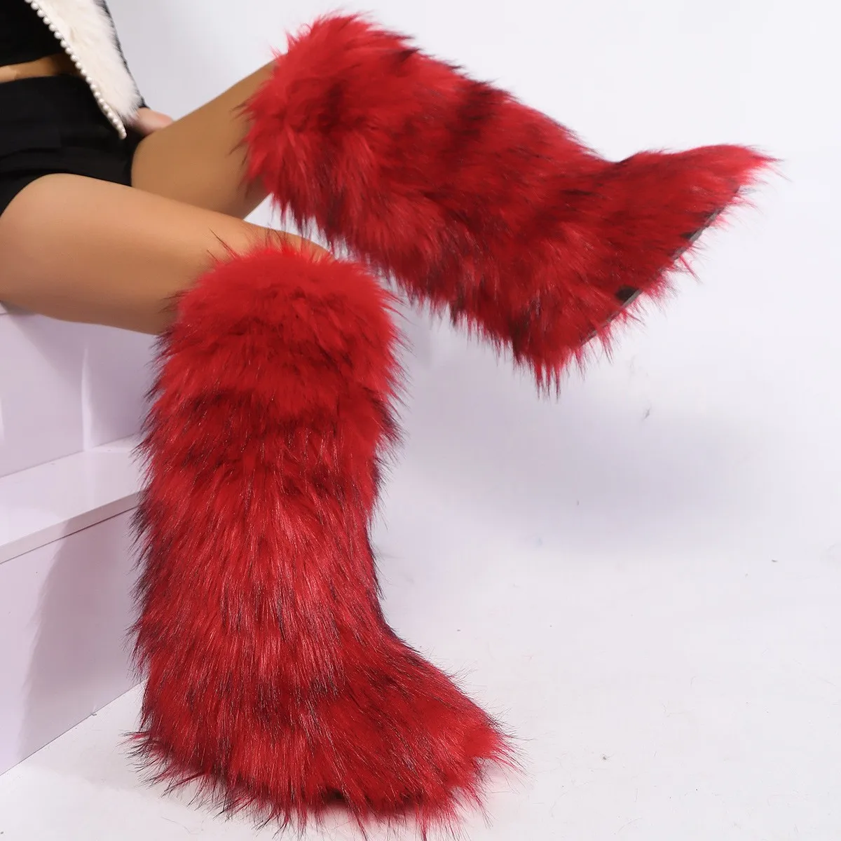 Botas altas hasta la rodilla de piel sintética de zorro para mujer, botas largas de invierno con pelo suelto, botas de felpa estampadas y coloridas, zapatos de moda para fiestas y cosplay.