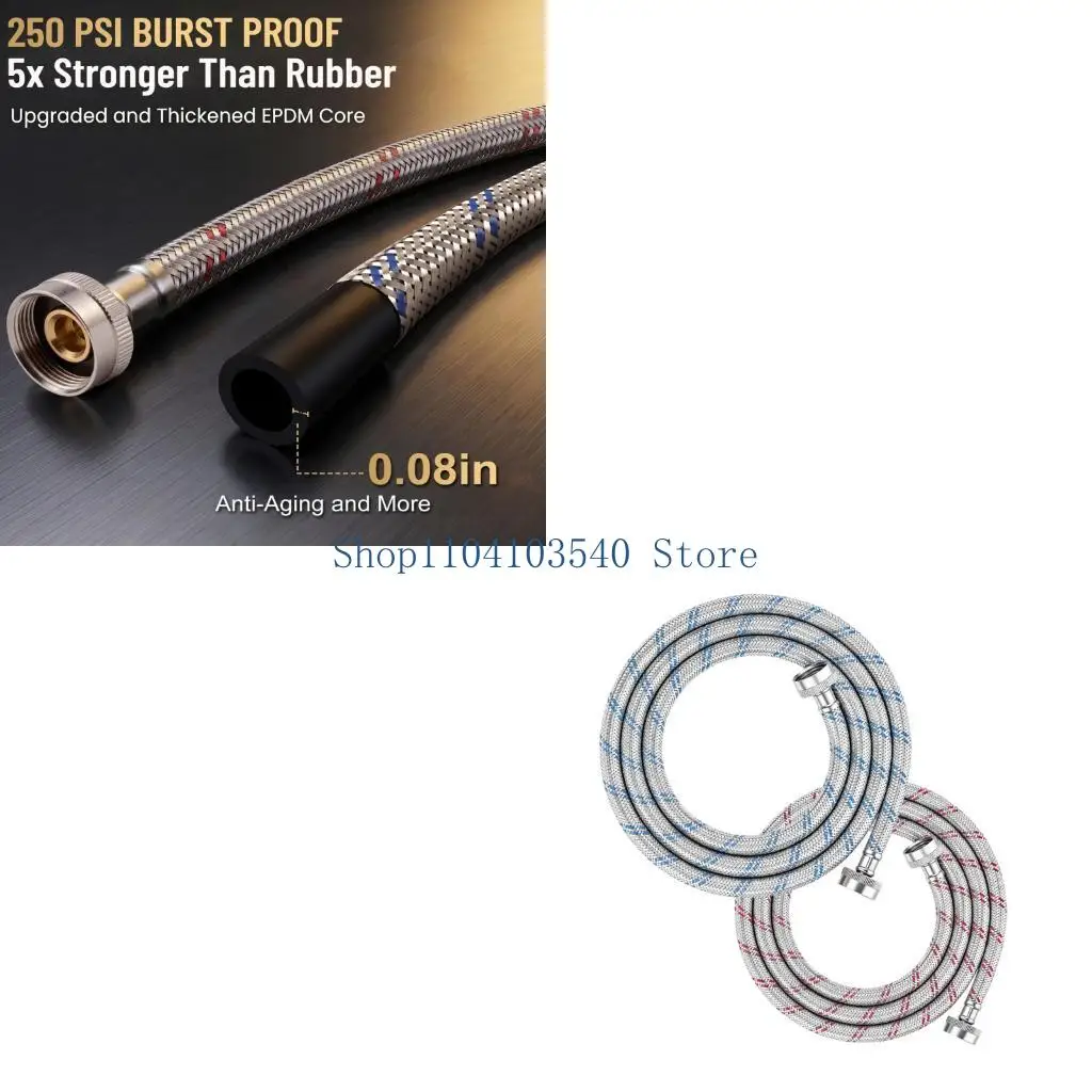 02DC Hot and Cold Washer Supply Hoses 48 Inch Stainless Steel Pair with Preinstalled Fittings for Washing Machine Water Hookup