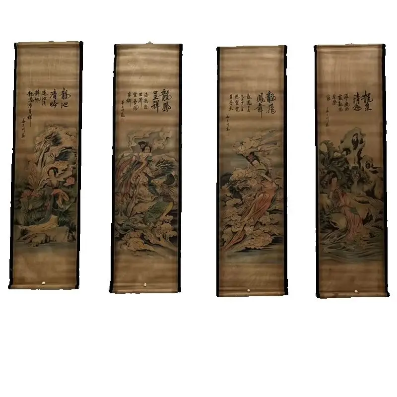 

China Old Scroll Painting, Four Screen Paintings, Middle Hall Hanging Painting, Four couplet mural (Dragon Maiden)