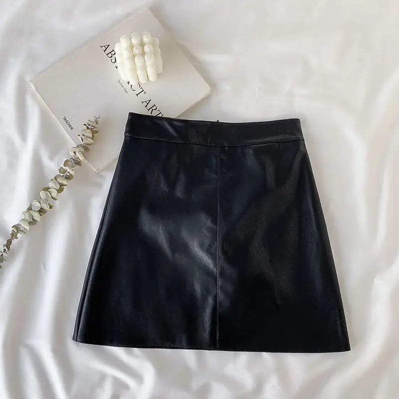 Solid Zipper Wrap Hip Leather Skirt Autumn Winter New Korean High Waist Mini Skirt Female Chic Sexy Club A-line Pu Skirts Women