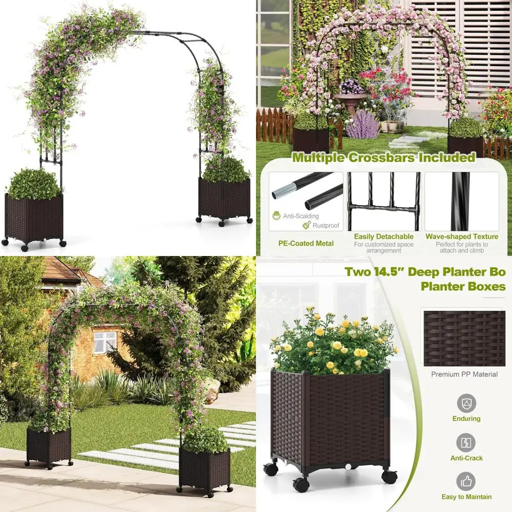 

Металлическая садовая арка со съемными трубками с полиэтиленовым покрытием и системой самополива, включая 2 коробки для цветов