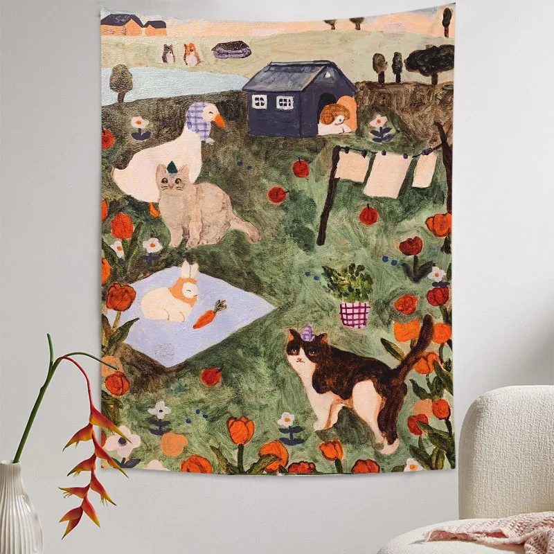 Flowering Meadow Cat Swan Tapestry, Cute Soft Nature Art for Bedroom Living Room Warm Cozy Home Decor