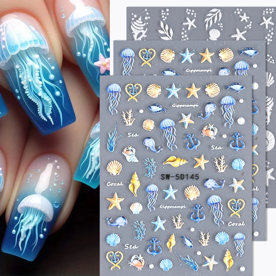 3pcs-5D Quallen Sommer Strand Nagel Aufkleber Weiß Shell Seestern Schraube Klebstoff Sliders Meerjungfrau Geprägte Aufkleber Maniküre Dekor