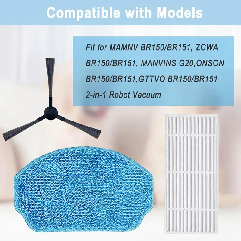 For MAMNV ZCWA ONSON GTTVO BR150/BR151 MANVINS G20, 2-In-1 Robot Vacuum Mop Pads Hepa Filters Side Brush Replacement Accessories