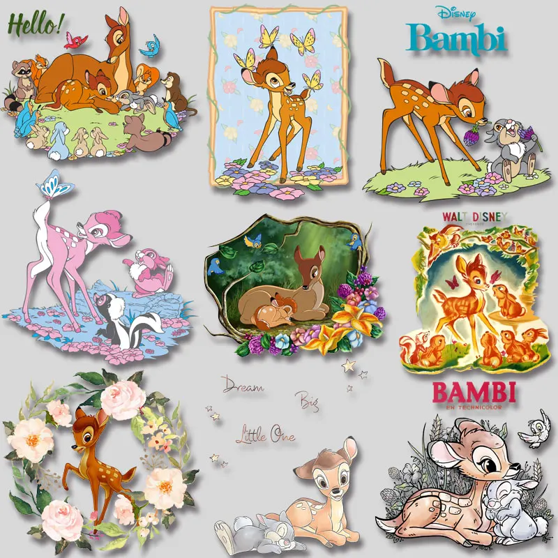 Disney Cartoon Bambi Images Colorful Stage Images Printed Thermal Vinyl Patches Transfer On Jacket Clothes Accessory Garment DIY