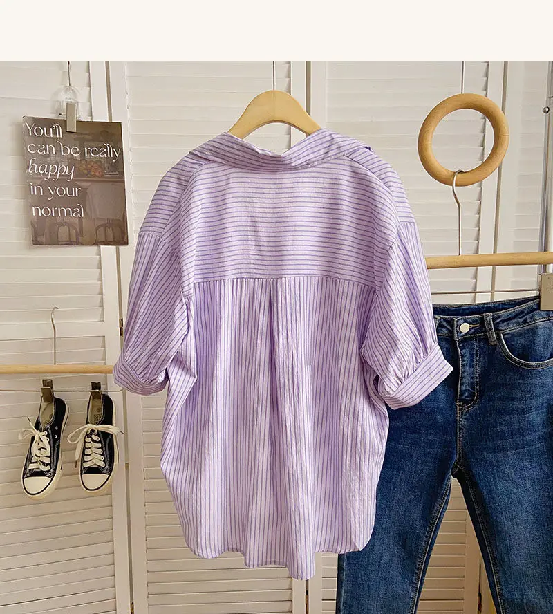 2024 New Summer Korean Style Elegant Fashion Women's Shirt Loose Casual Striped Vests Suit Lapels Short Sleeve Button Y2K Tops