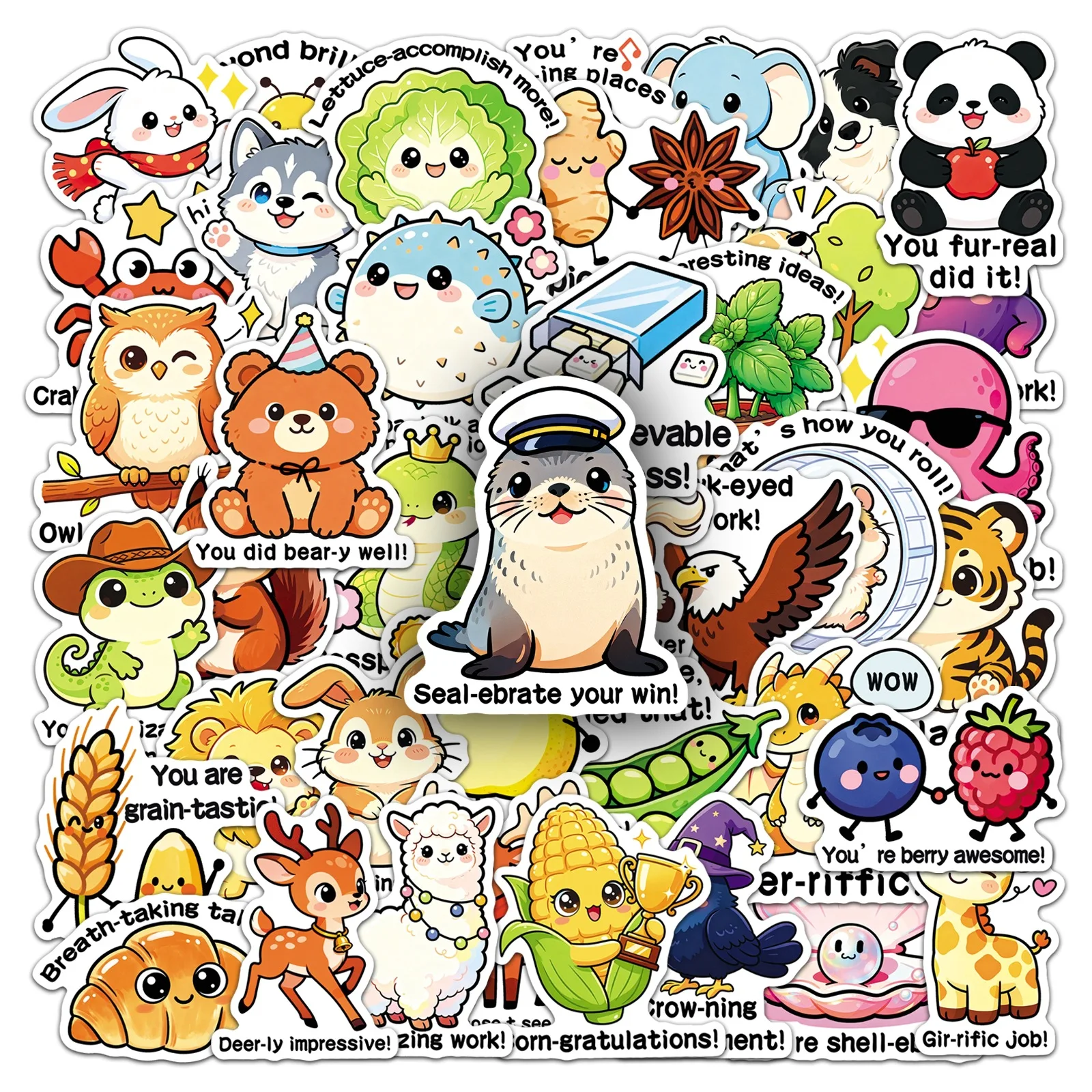 50 Pcs Cartoon Reward Stickers Inspirational English Sentence Waterproof Vinyl Decals for Water Cup Laptop Gift