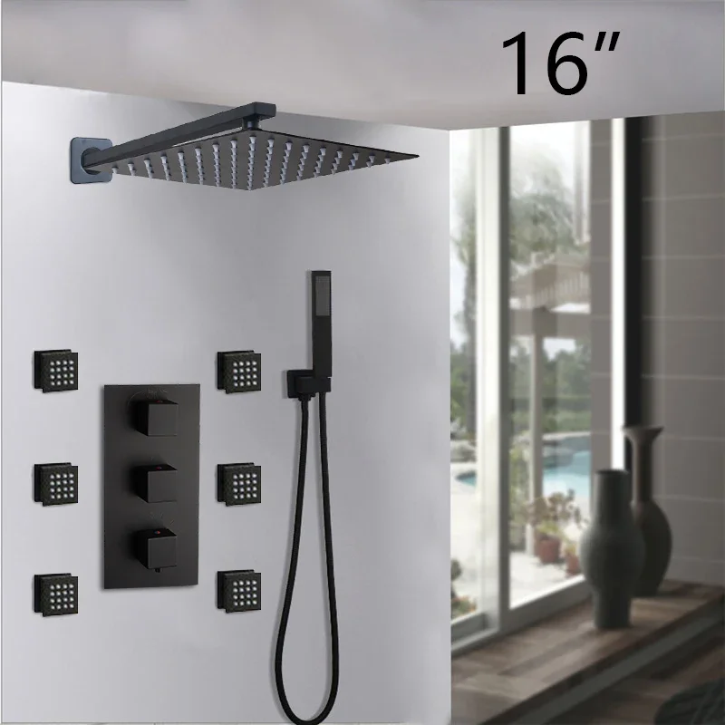 

JIENI Matte Black Thermostatic 16" Rainfall Shower Faucet Sets Body Massage System Jets With Hand Sprayer Wall Mounted