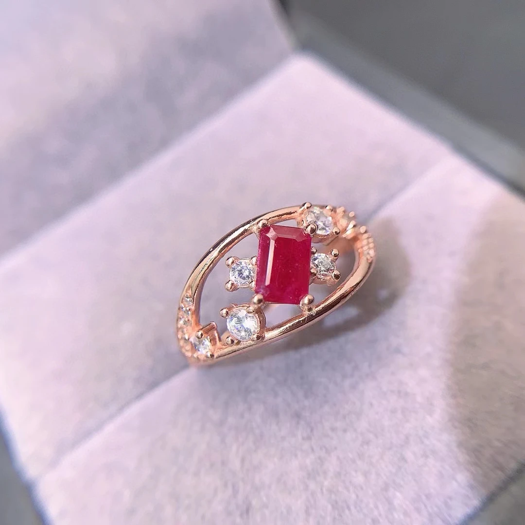 Natural Myanmar Ruby Ring for Party 4mm*6mm 0.55ct Ruby Silver Ring Solid 925 Silver Gemstone Jewelry with Gold Plated