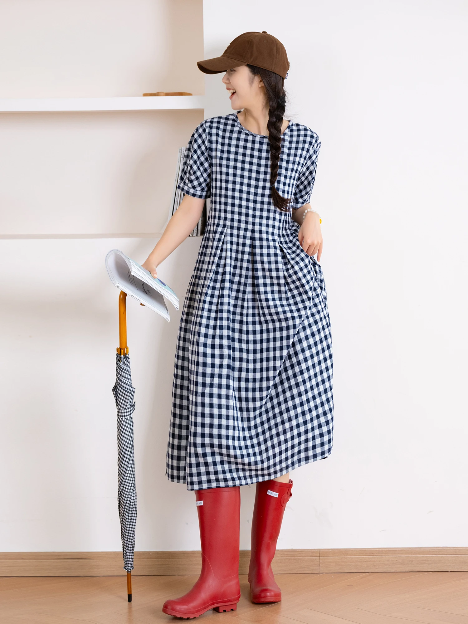 

Color Woven Cheered Cotton irtwaist Dr Women's round Ne ort Sve Casual Loose Fit Summer A-Line Dr