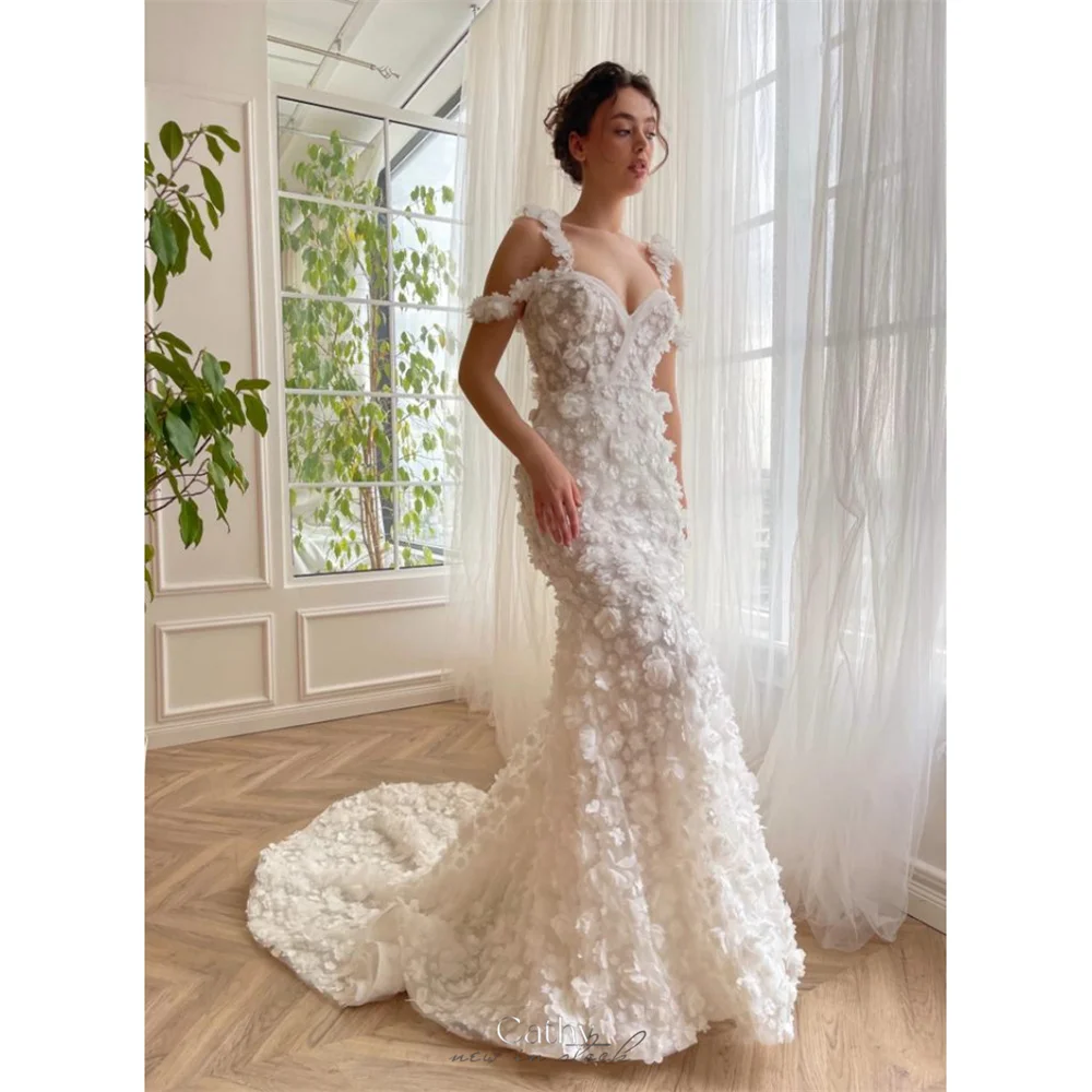 Cathy White Flowers Appliques Wedding Dresses V-neck Mermaid فساتين سهرة Elegant Sleeveless Long Train vestidos de fiesta 2024