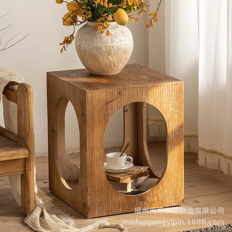 Artistic Table Retro Old Solid Wood Side Table Storage Cabinet Coffee Tables with Natural Clear Wood Grain Bedside Table