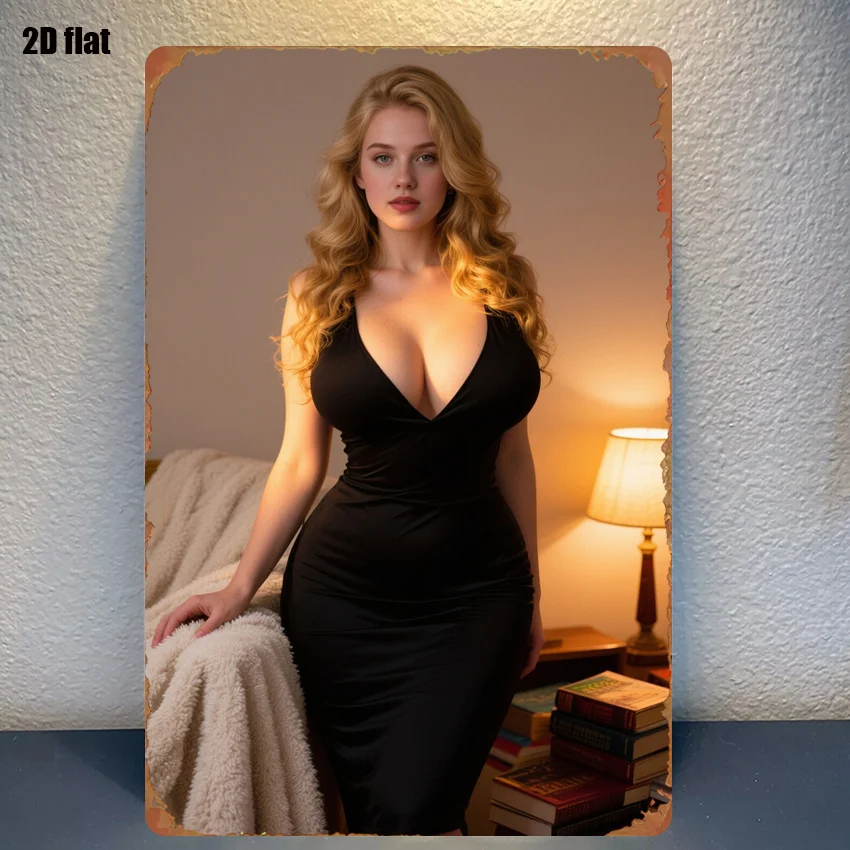 1pc Sign with Golden Curly-Haired Beauty in Black Dress, Lampshade, and Book Combination, Suitable for Room Decor, Home, Garage,
