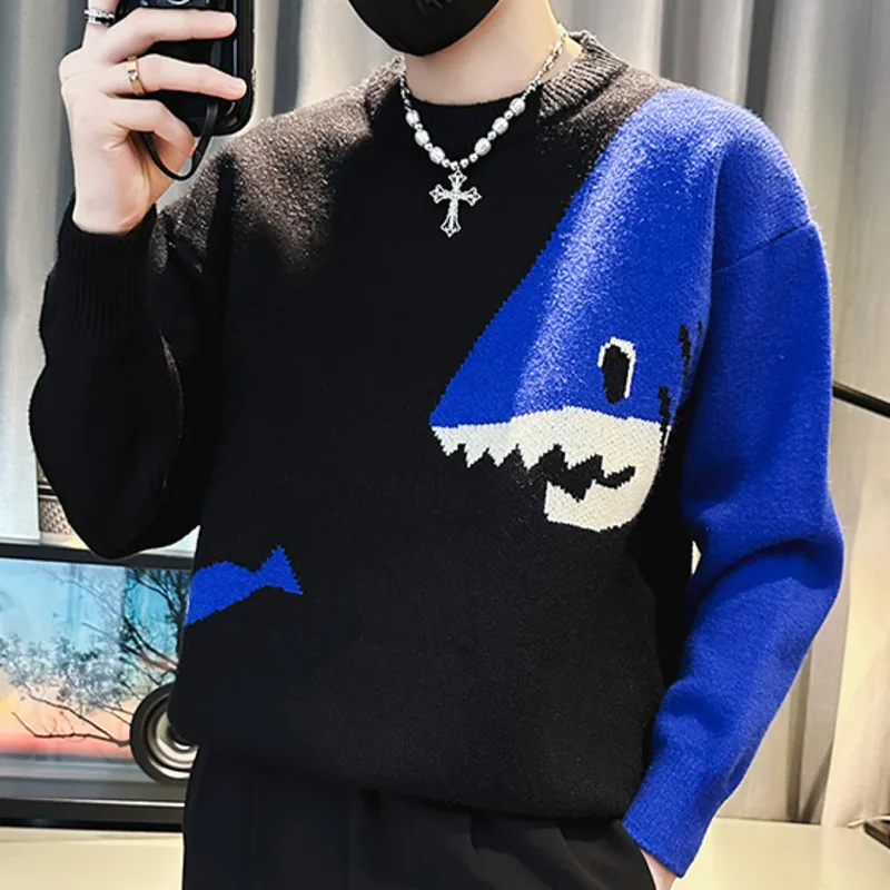 Contrasting Colors Shark Printing Sweater Mens Pullover Sweater Pull Homme Autumn Sweater For Men Knitted Round Neck Sweater