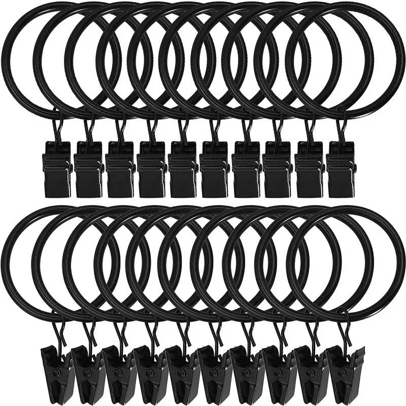 30Pcs Curtain Rings with Clips Openable Drapery Metal Curtain Hooks Hangers Black Drapery Clips with Rings Curtain Accessories
