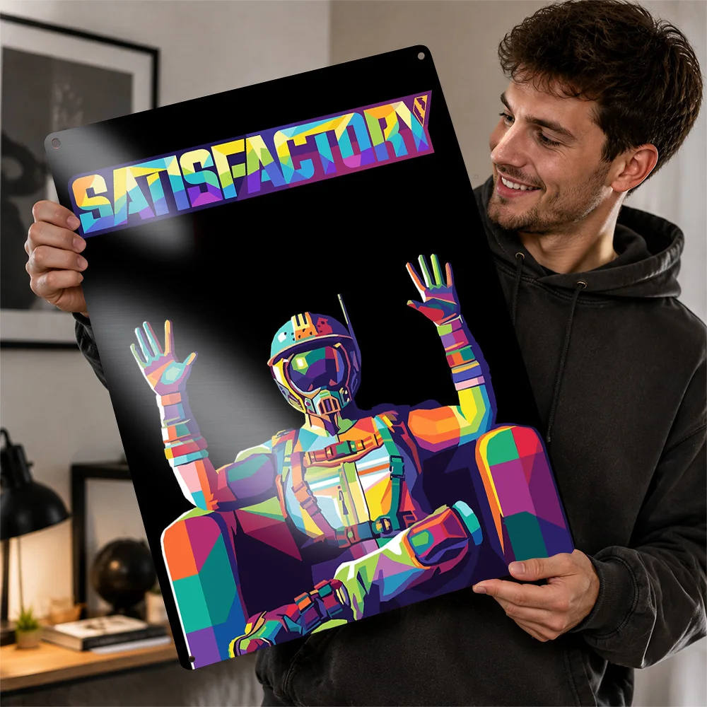 Satisfactory Pioneer Color Block Portrait Printed Poster Personalized Metal Sign Cosmic Mission Style Wall Art Game Room Decor