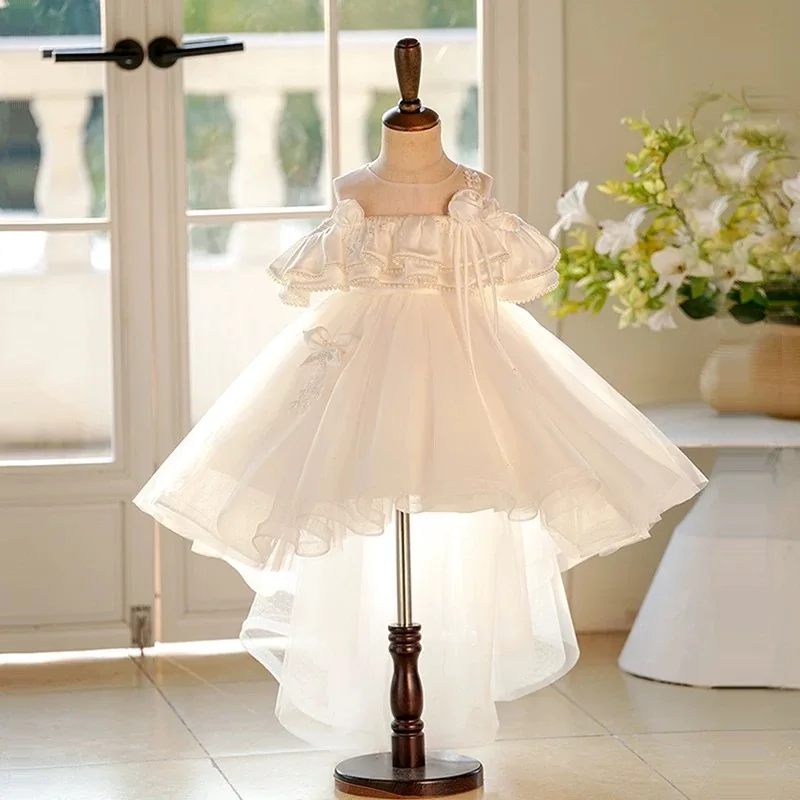 Elegantes weißes Blumenmädchenkleid mit Schleppe Prinzessin Kleinkind Kinder Hochzeit 1. Geburtstag Festzug Party Urlaubskleid J414B