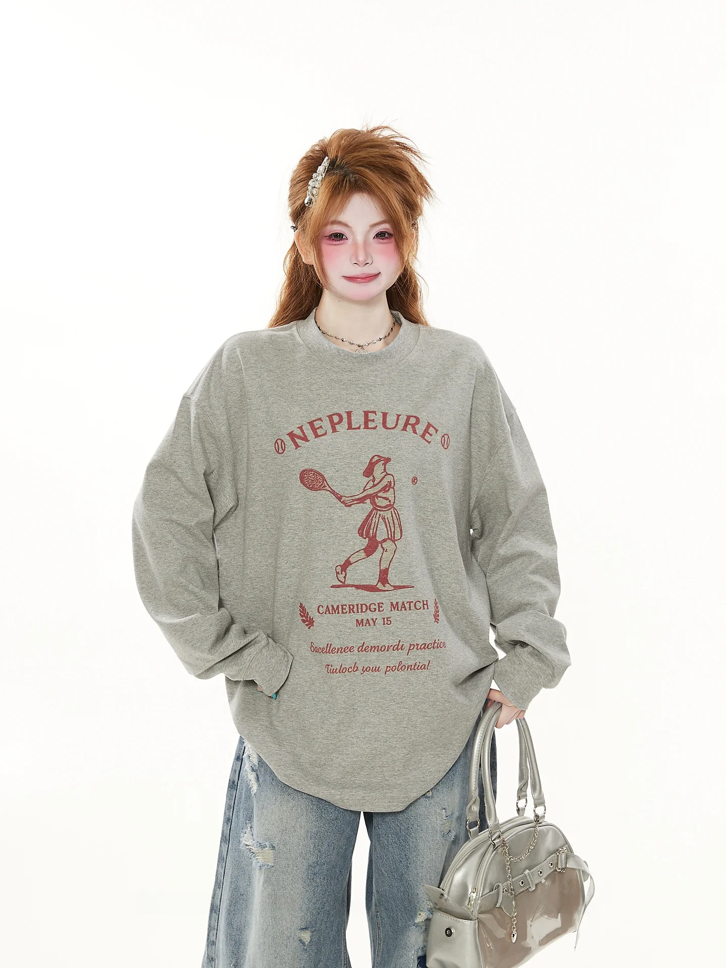 

Retro American Long Sleeve round Neck T-Shirt Women's Spring Summer Loose Casual Couple's Top Thin Sweatshirt Trendy