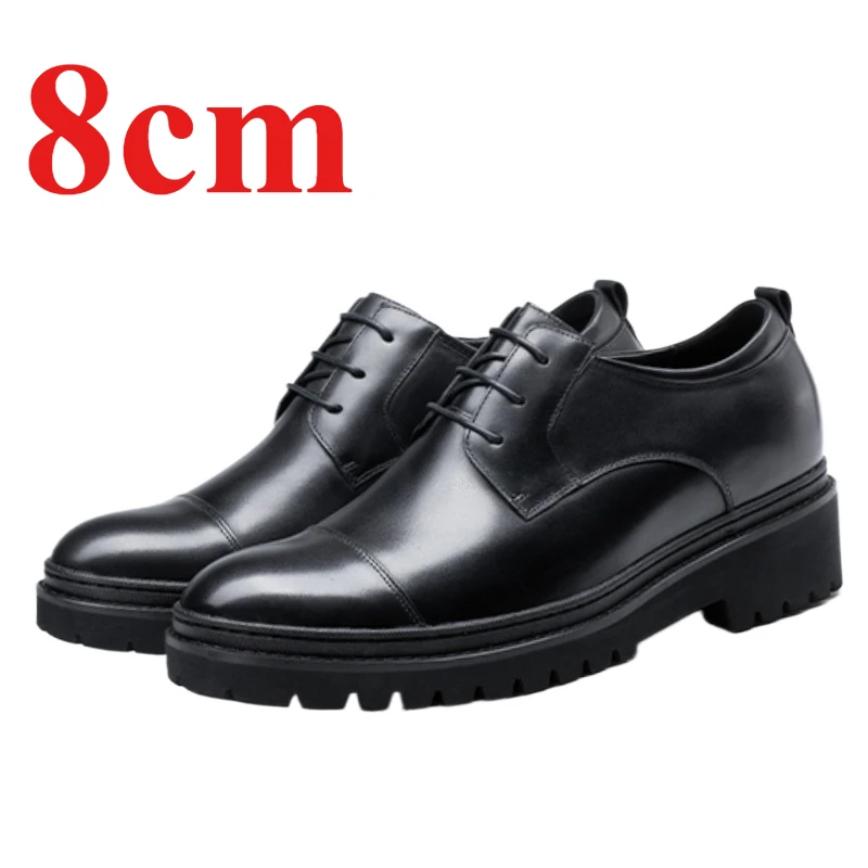 Height Increasing Men's Dress Shoes 8cm Elevated Business Invisible Thick Soled Formal Shoes Genuine Leather Derby Wedding Shoes