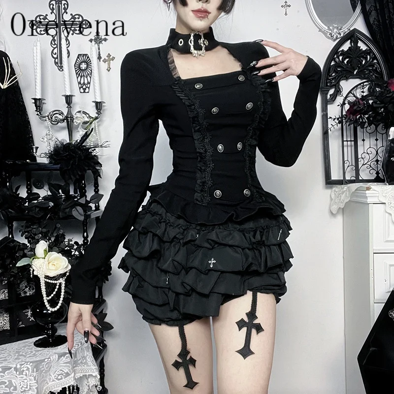 Orevena 2026 Halloween Gothic Y2K Top, Square Neck Long Sleeve Double‑Breasted Tiered Ruffle Dark Goth Blouse For Cosplay Party