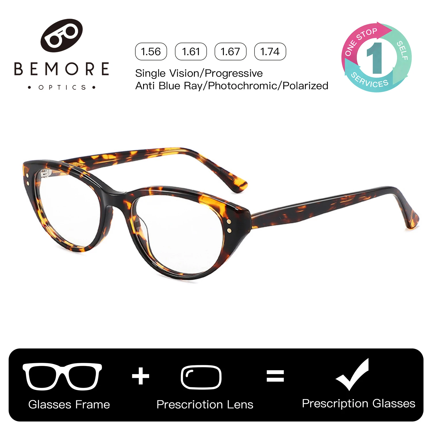 

BEMORE Retro Cat Eye Progressive Glasses Woman Handmade Acetate Anti-Blue Light Photochromic Multifocal Prescription Eyewear
