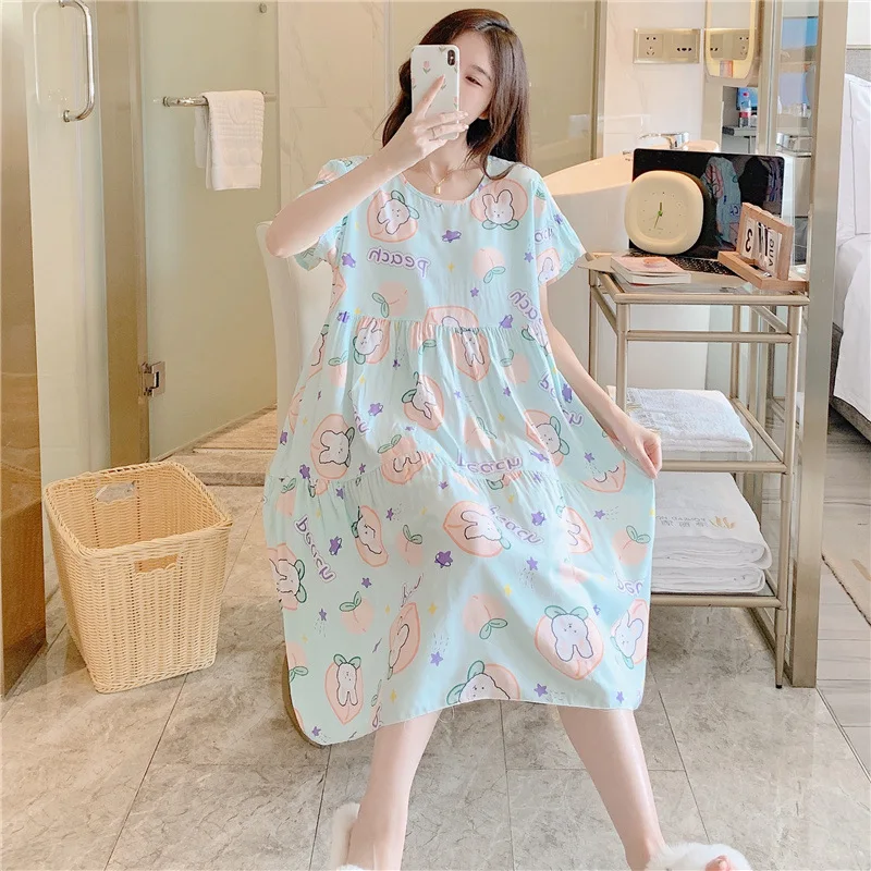 Summer Ladies Cotton Silk Nightgown Female Spring and Autumn Leisure Short-Sleeved Large Size Pajamas Thin Section Homewear