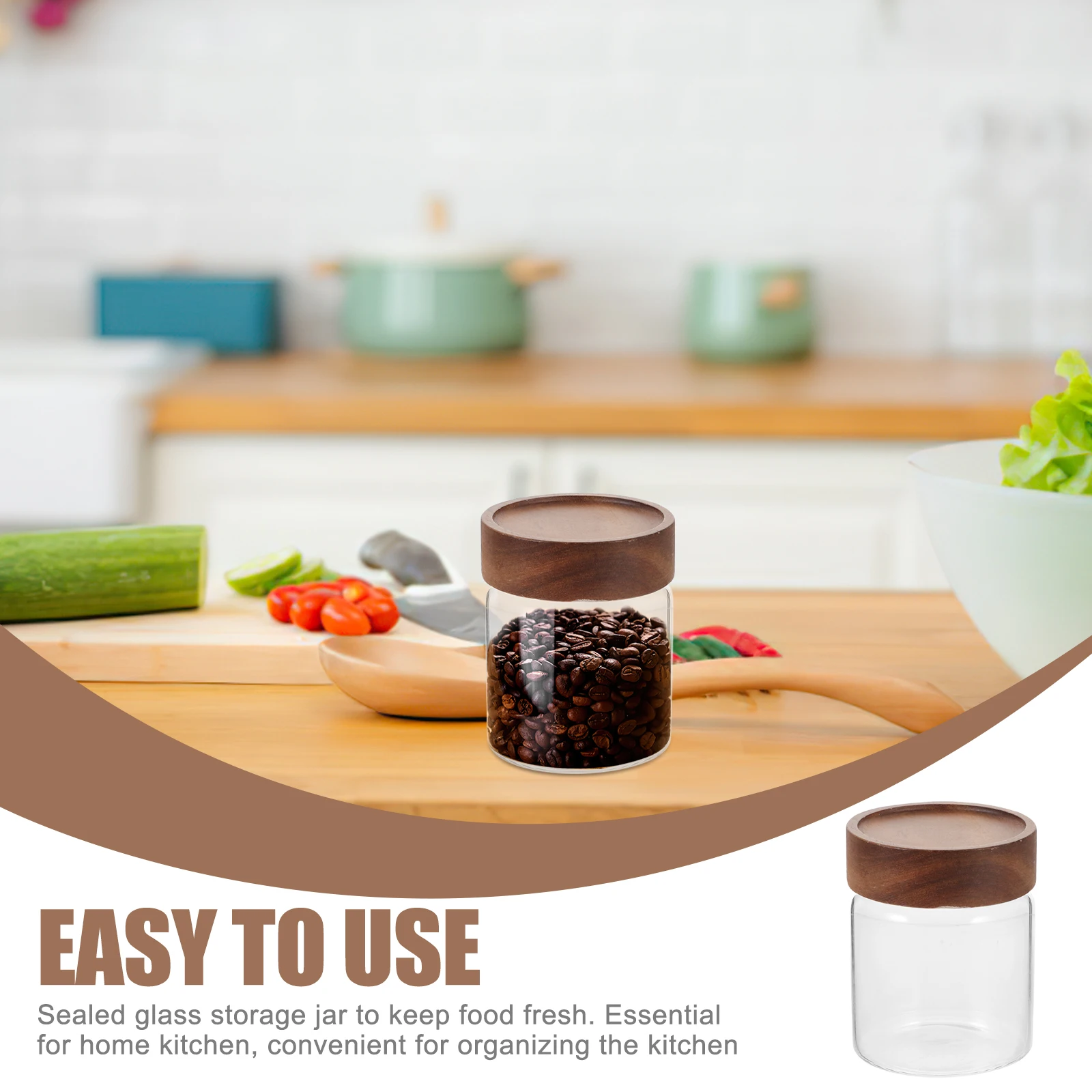 

High Borosilicate Glass Storage Jars 8cm 330ml Wood Lid Airtight Canisters for Coffee Beans Tea Sugar Dry Food Kitchen