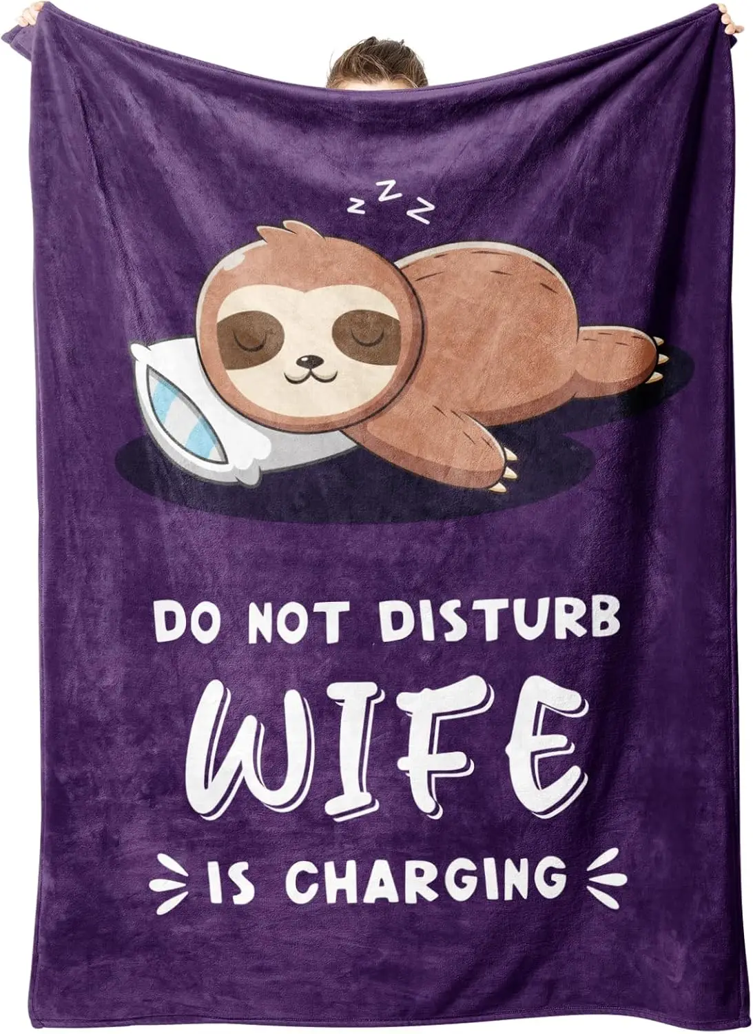 Funny Anniversary Birthday Gifts for Wife, Wife is Charging Sloth Blanket, Wifey Gifts from Husband, Wedding, Mother's Day, Vale