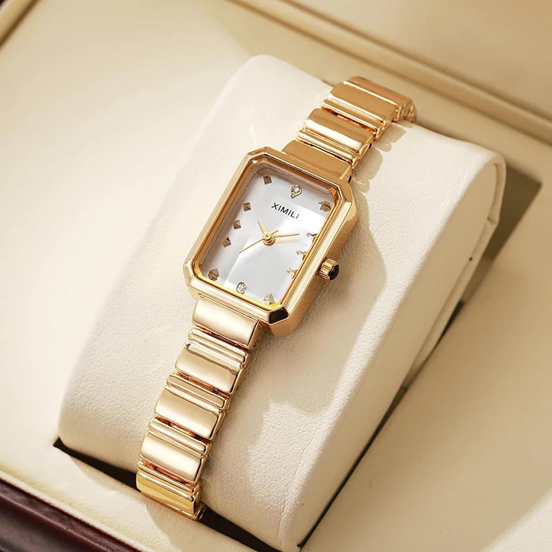 Luxury Women Watches Fashion Rectangle Gold Plated Ladies Quartz Watch Stainless Steel Folding Clock Relogio Feminino