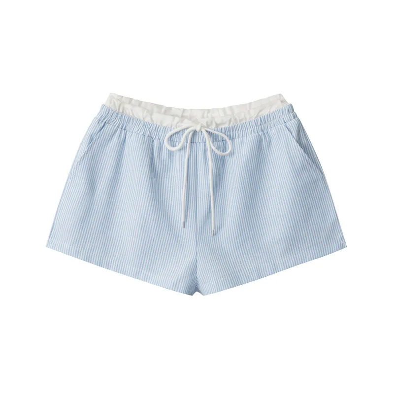 Yapher Pantaloncini bikini a vita alta da donna in stile francese a righe blu e bianche con pantaloni da vacanza larghi con coulisse