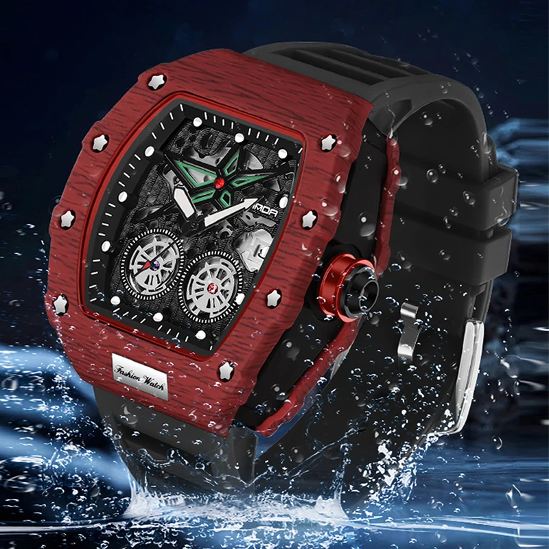 Relojes de cuarzo para hombre, correa de silicona con esqueleto, cronógrafo, reloj de pulsera analógico, manecillas luminosas, reloj deportivo militar resistente al agua