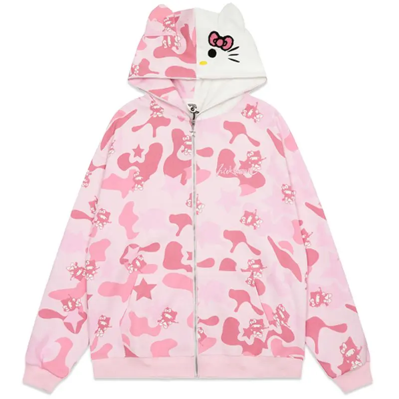 Anime Sanrio Hello Kitty Y2K Jacket Zipper Cardigan Hoodie Camouflage Blouse Sweatshirts Autumn Long Sleeve Couple Jacket Female