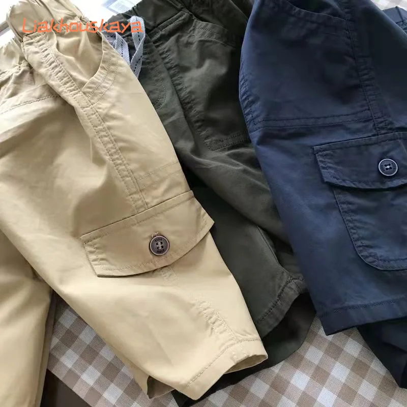 Boys Woven Cotton Five Point Shorts Summer Thin All Match Casual Pants 110-170 Size Breathable Knee Length Trousers For Big Kids