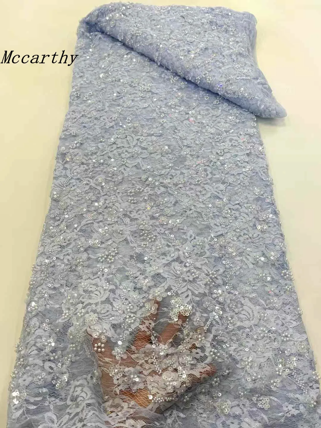 

Mccarthy 5 Yards Luxury African Sequins Groom Lace Fabric 2025 High Quality French Nigerian Beaded Lace Fabric For Wedding Dress