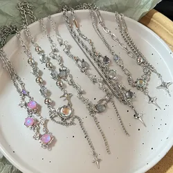 Korean Crystal Opal Moonstone Necklaces for Women Layered Zircon Star Choker Collar Y2K Aesthetic Trendy Egirl Necklace Jewelry