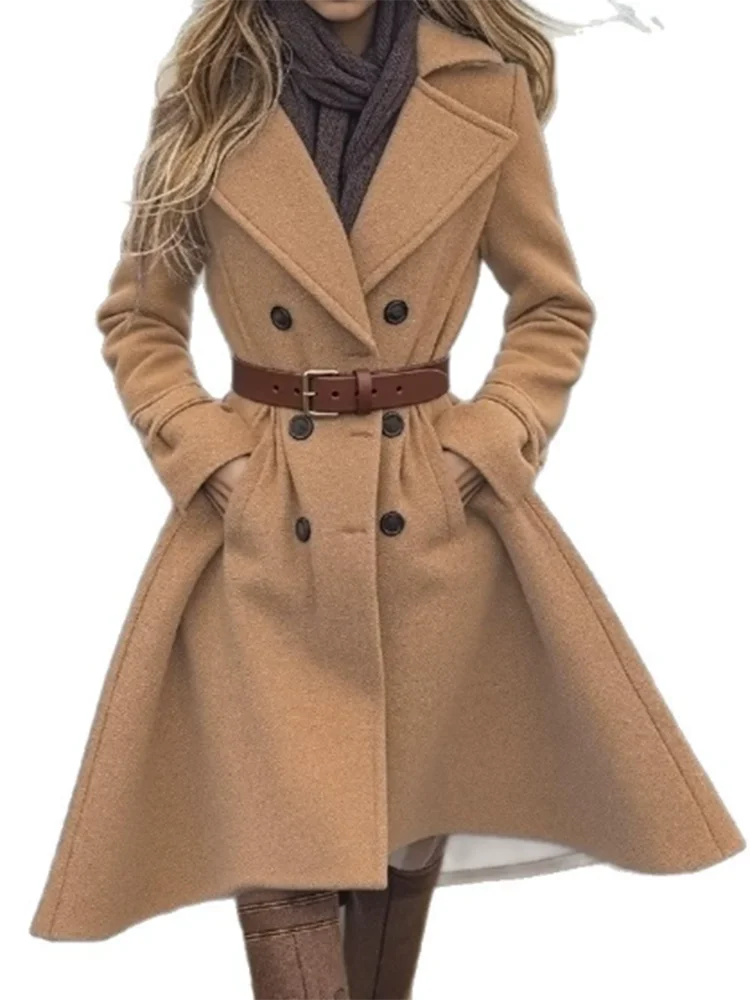 

Повседневное пальто с длинными рукавами и лацканами, темпераментное однотонное женское двубортное пальто с высокой талией, элегантная куртка с карманами и завязками