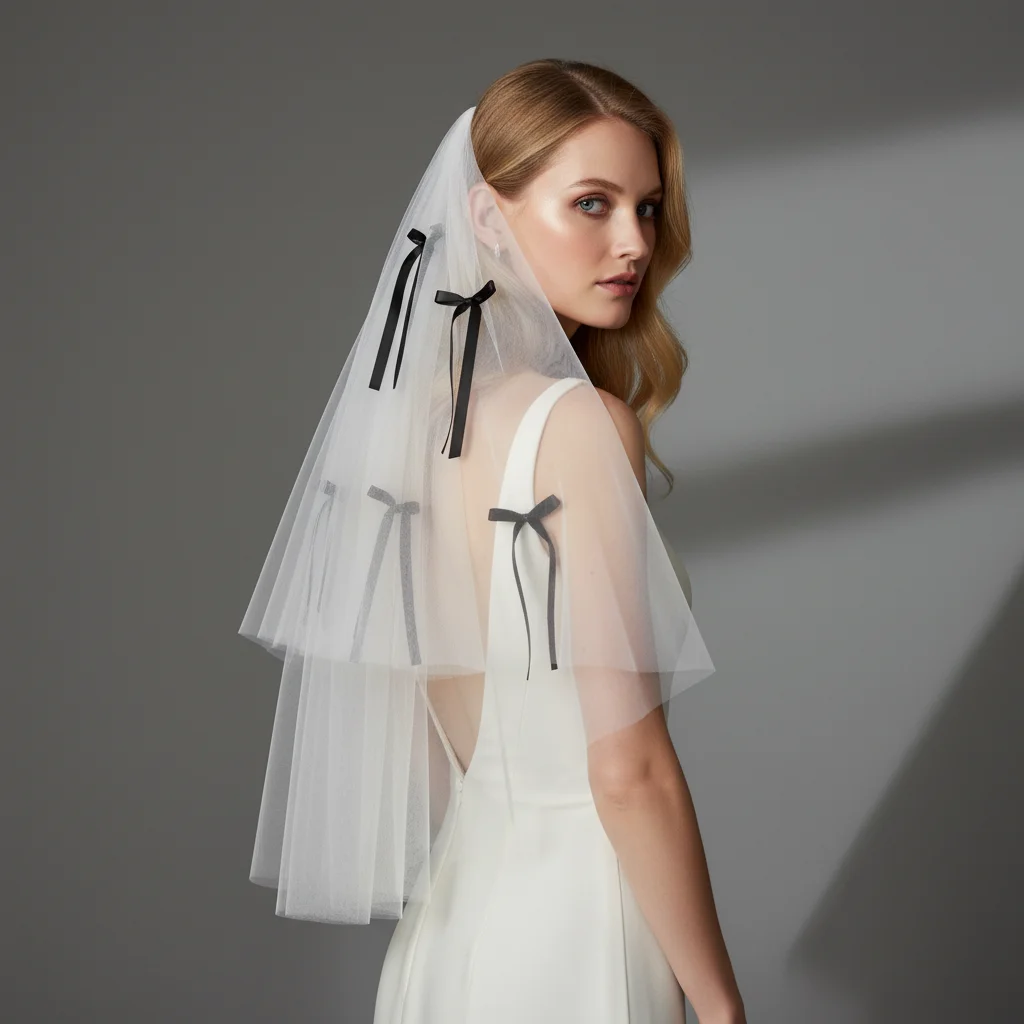 Elegant White Bridal Veil with Delicate Black Bow Decorated Wedding Veil Bridal Tulle Head Accessories for Ceremony G144