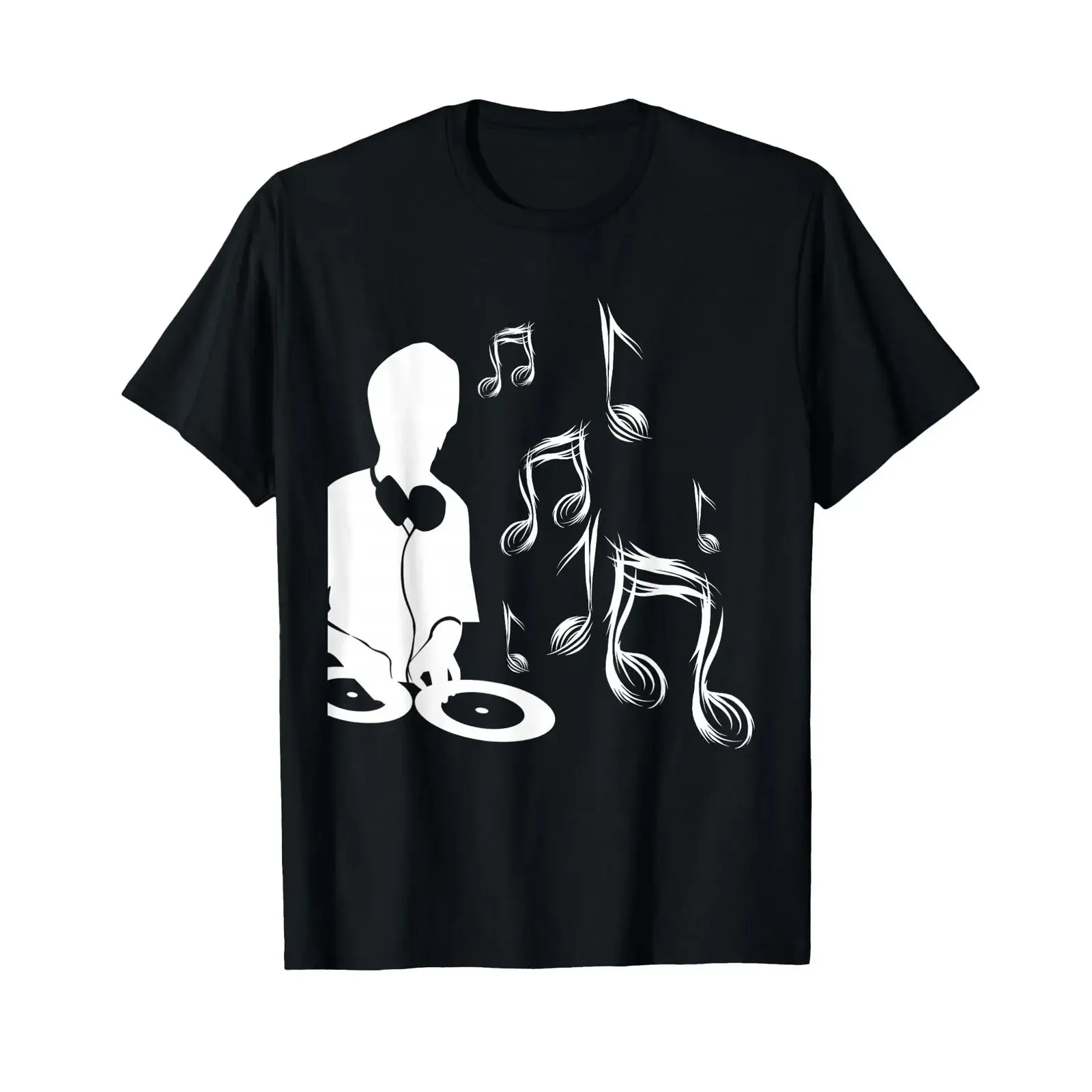 DJ with turntable and sheet music drums bass T Shirt Black S vintage Washed Comfortable Stretched Unisex Versatile Slightly