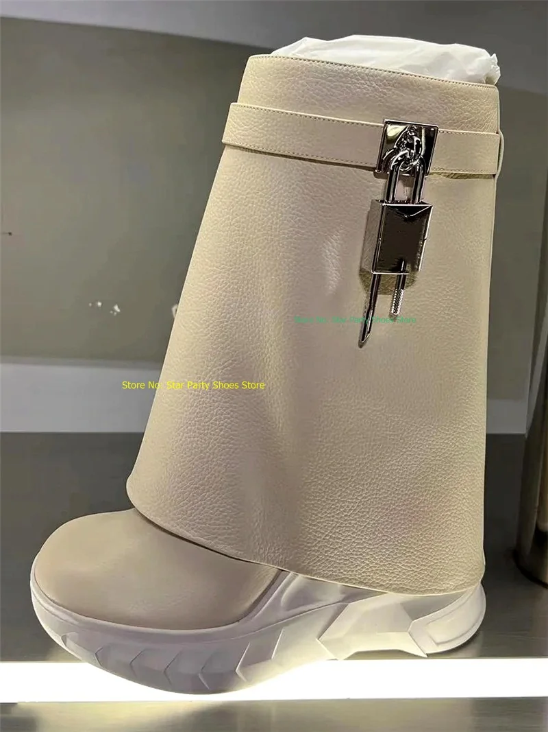 Fashion Woman Fold High Heel Double Barrel Straight Woman Knee High Boots Shark Lock Round Toe Female Slip On Long Boots