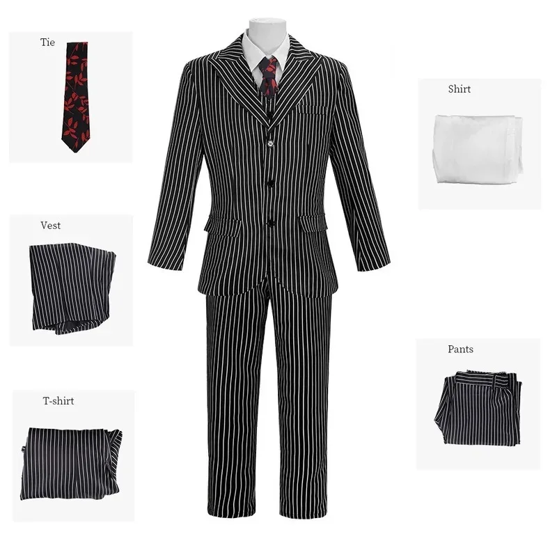25COSTV Gomez Addams Косплей Костюм для взрослых Черный полосатый костюм Мужское пальто Брюки Полный комплект Gomez Ролевая игра Униформа Хэллоуин Вечеринка