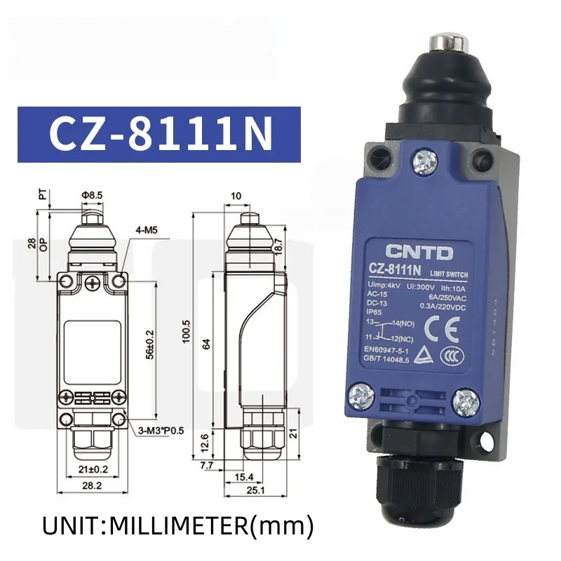 CNTD CZ-8111N Vertical Limit Switch Top Push Plunger Type IP65 10A 250V 1NO 1NC Snap Action Position Switch Machine Tool Use