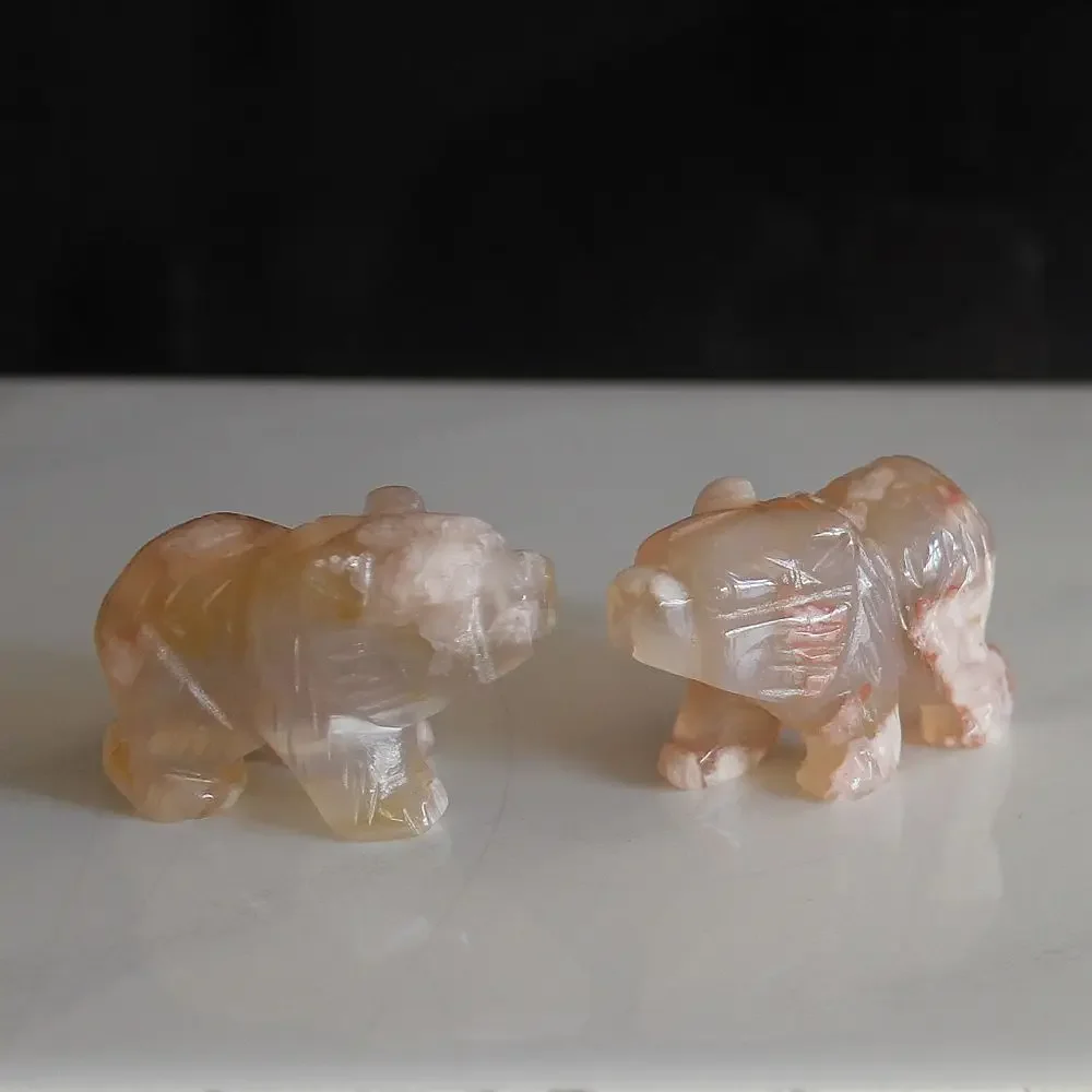 Hand carved gemstone crystal cherry blossom bear figurine animal statue office home decor 1.5''