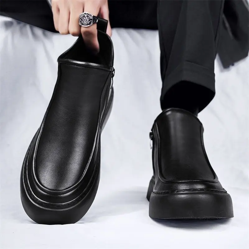 

​Men's 2025 Spring Zipper High Top Leather Shoes Black Thick Sole Height Increasing Casual Shoes Trendy Versatile​ Boots