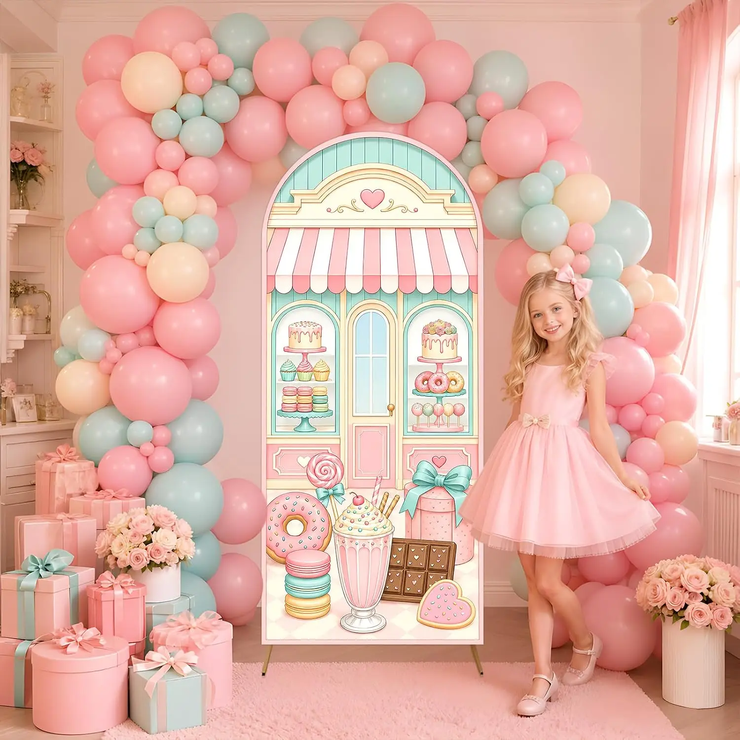 Custom 2-sided Pink Sweet Shop Arch Backdrop Cover Ice Cream Shoppe Donut Bakery Shoppe Background Girls Birthday Party Props
